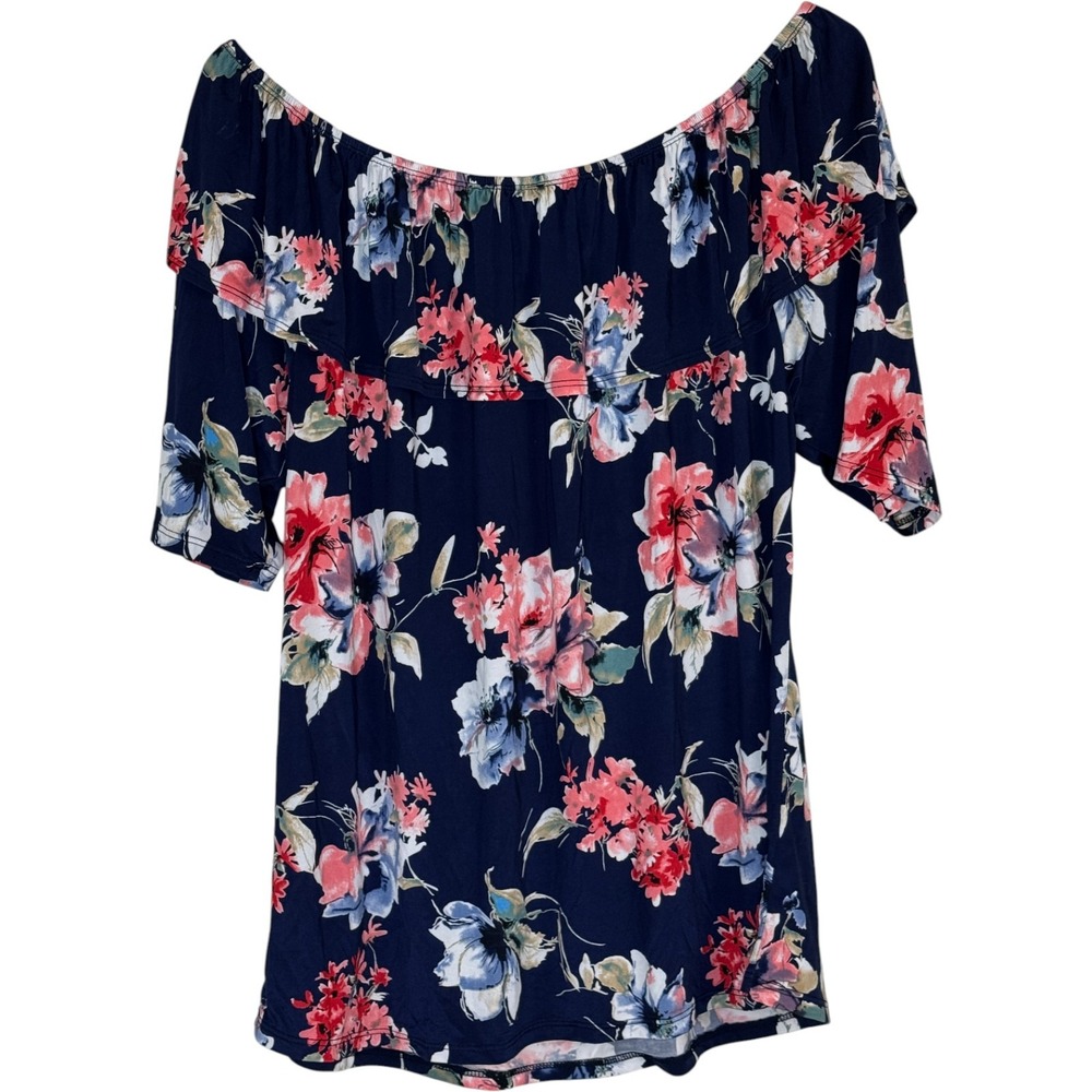 Banabee Womens Off Shoulder Floral Ruffle Top Navy Pink Blue Short Sleeve Size M - Picture 6 of 12